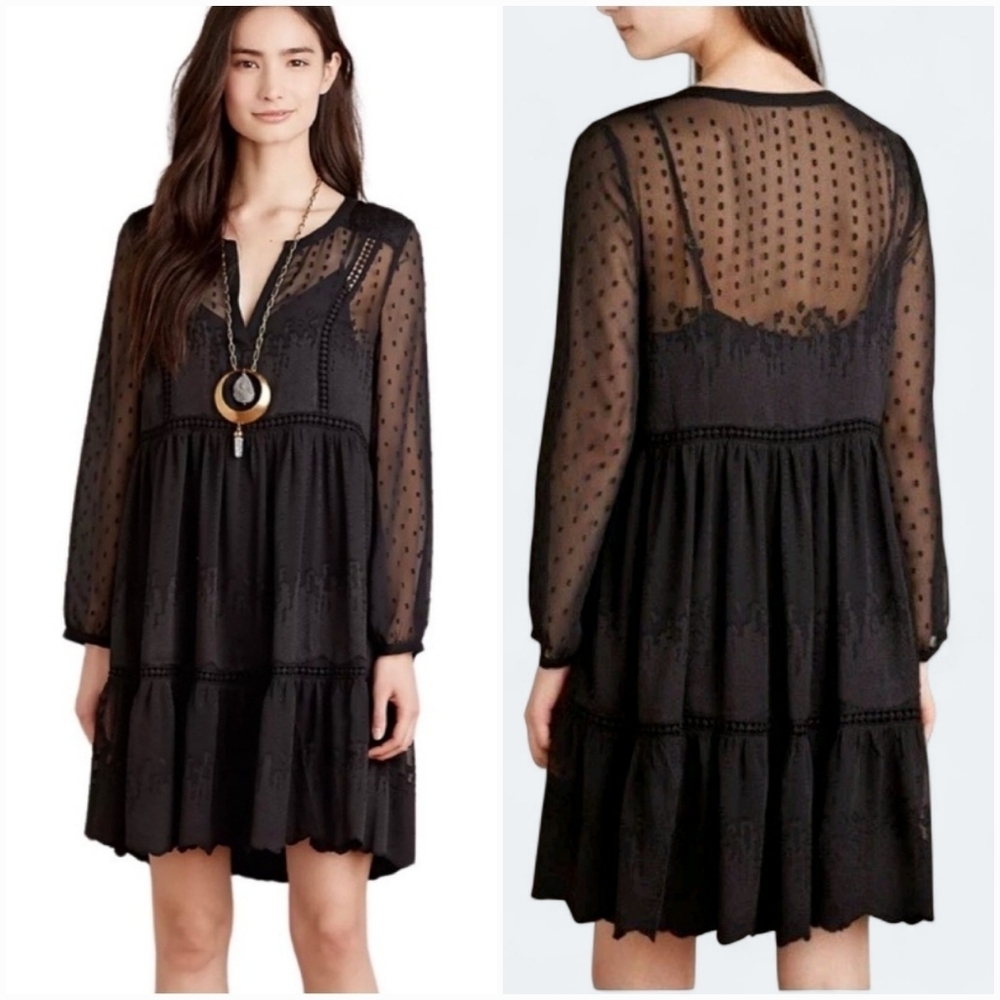 Anthropologie Vanessa Virginia Costa Maya Black Sheer Swiss Dot Dress Size 2